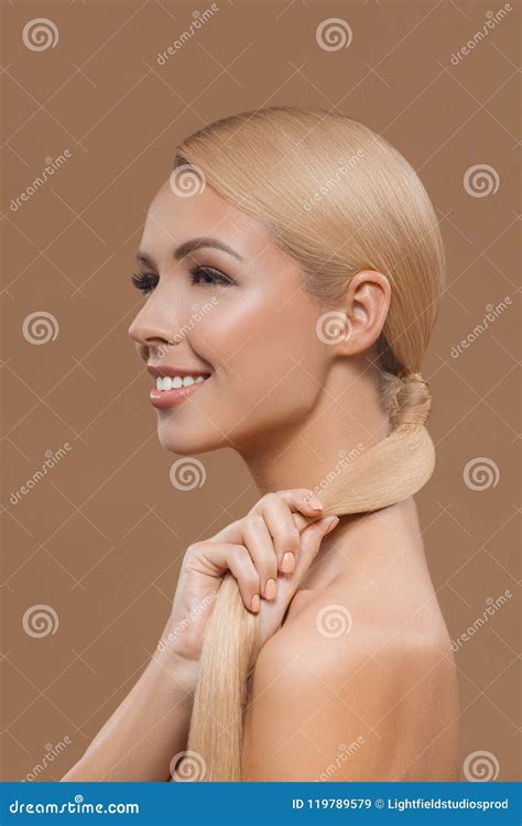 Side View Of Smiling Beautiful Blonde Hair Girl Stock Image Image Of