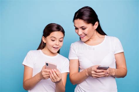 Close Up Photo Beautiful Two People Brown Haired Mom Small Little Daughter Shows Telephone Look