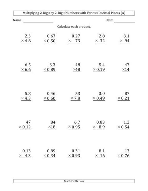 Multiplying 2 Digit Numbers With Decimals Worksheets