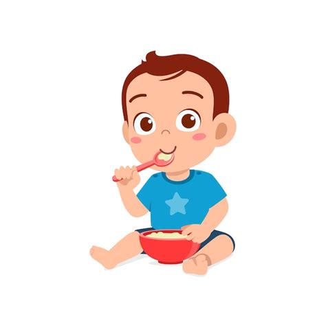 Premium Vector Cute Little Baby Boy Eat Porridge In Bowl With Spoon