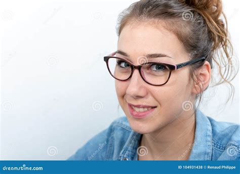 Smiling Young Woman With Black Glasses Stock Photo Image Of Glasses