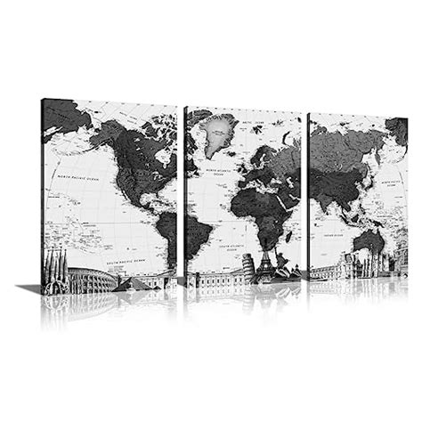 Buy 3 Panel Wall Art Large Size Black White World Map Picture Canvas