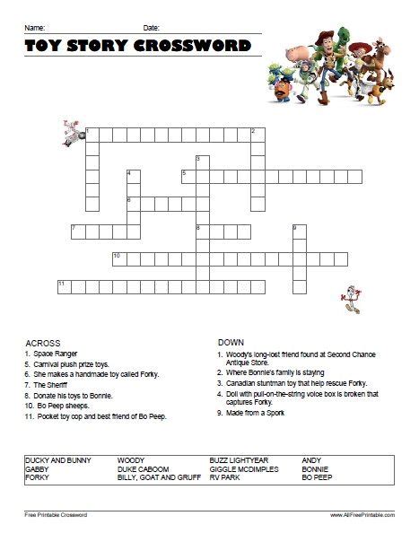 Supply the names of some major characters from several walt disney stories and movies. Free Printable Toy Story Crossword. Print free Toy Story Crossword activity and share with all ...