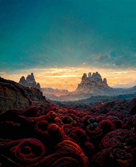 Valley In The Sunset Alien Planet Digital Painting Concept
