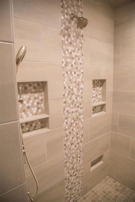 Beige Porcelain Tile Shower With Accent Strip And Niche