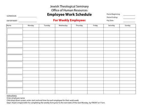 Printable Employee Work Schedule