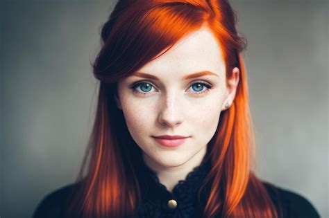 Premium Ai Image A Woman With Bright Red Hair And Blue Eyes Looks