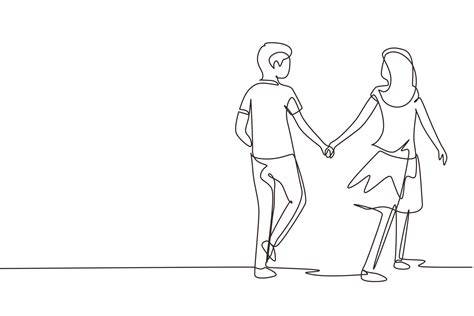Single One Line Drawing Romantic Young Couple In Love Hand In Hand
