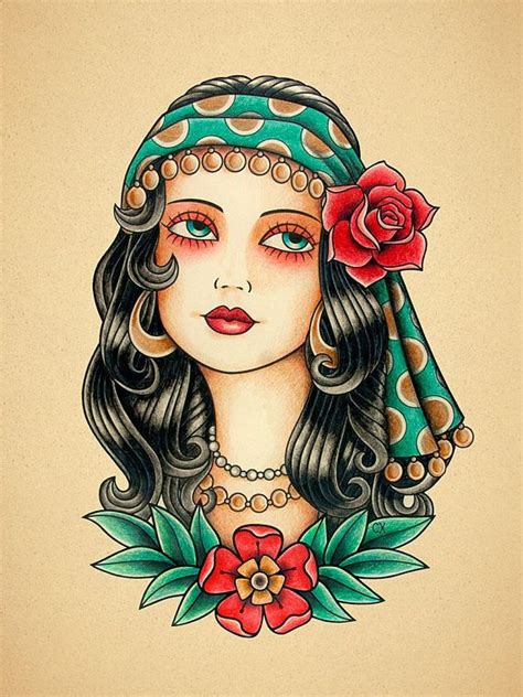 Gypsy Woman Old School Tattoo Print Wolf Tattoos Symbol Tattoos