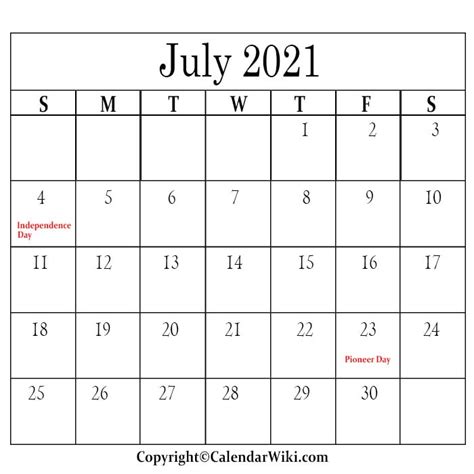 July 2021 Calendar With Holidays July Holidays 2021