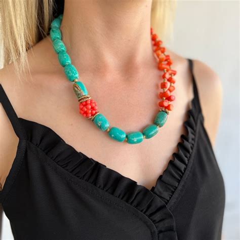 Chunky Statement Necklace For Women Turquoise And Coral Bead Etsy