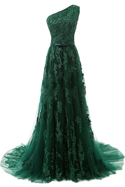 Forest Green Lace Appliqués Tulle Floor Length Prom Dress Featuring One Shoulder Bodice With Bow