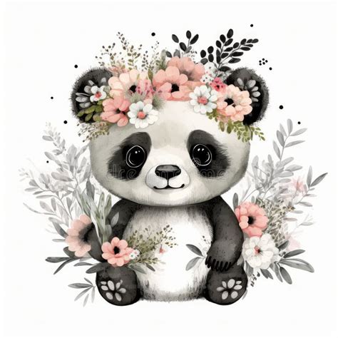 Cute Baby Panda Floral Illustration Clipart Isolated On White