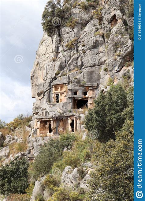 Ancient Monumental Lycian Rock Cut Tombs In Archaeological Site Myra Near Demre Turkey Stock