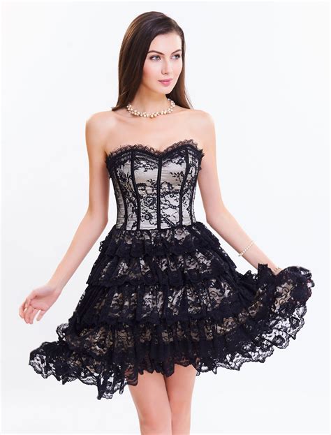 Lace Corset Dress Women S Sweetheart Lace Up Strapless Two Tone Layered Overbust Corsets