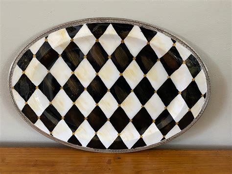 Vintage Silver Hand Painted Oval Black And Whit Harlequin Tray
