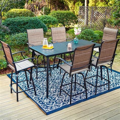 Phi Villa Black 7 Piece Metal Rectangle Outdoor Patio Bar Set With Wood