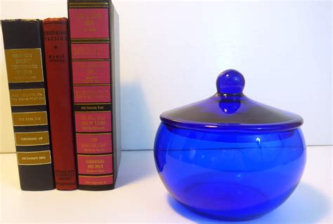 Vintage Cobalt Blue Art Glass Jar W Lid Round Dark Blue Glass Round Knob On Lid Retro Home