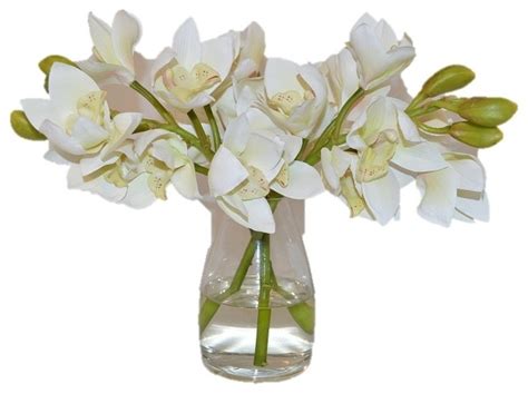 White Cymbidium Orchids In A Glass Vase Traditional Artificial Flower Arrangements By The