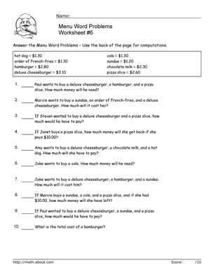Gain skill and mastery before the quiz! Menu Problem-Solving Worksheets for Second-Graders