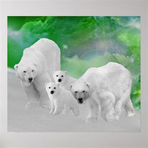 Polar Bears Cubs And Northern Lights Poster