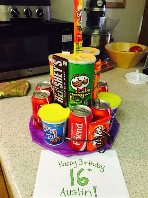 Customized and midnight birthday cake delivery at your doorstep. Pringles soda candy junk "cake" 16 year old boy birthday idea. | Birthday gifts for boys ...