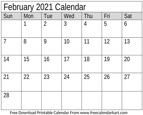 February 2021 Calendar Free Download Monthly Template