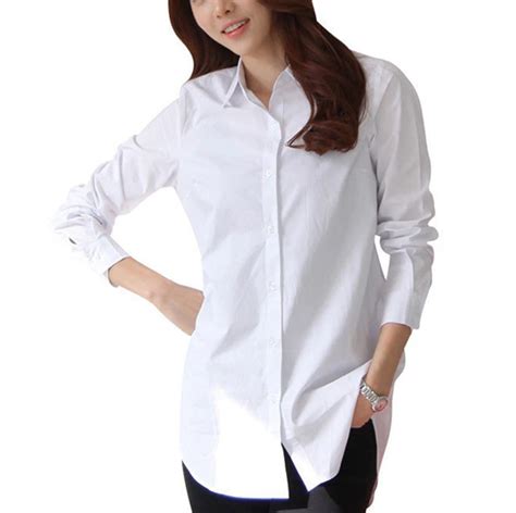Autumn Fashion New Women Ladies Solid White Formal Shirts Long Sleeve Turn Down Collar Button