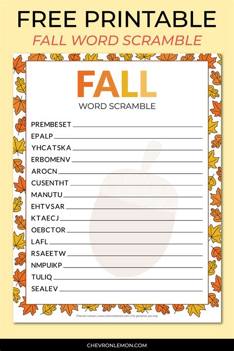 Printable Fall Word Scramble Chevron Lemon