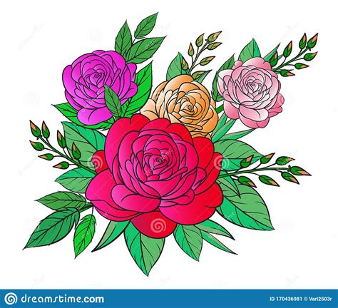 Art Of Nature A Bouquet Of Colorful Roses On A White Background Hand