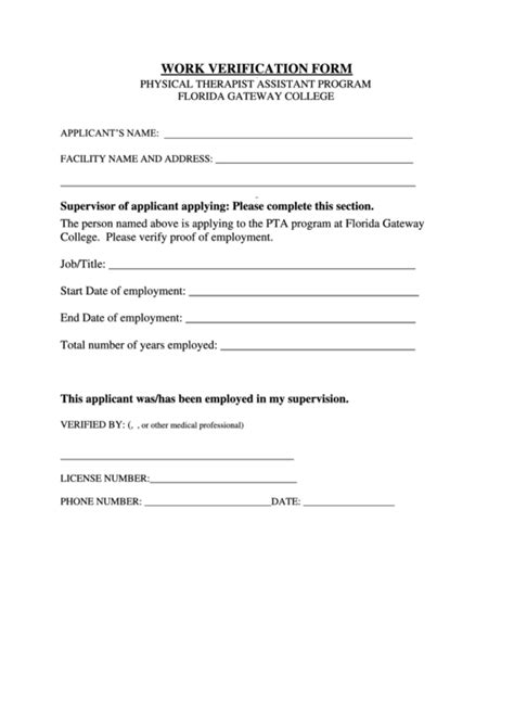 Work Verification Form Printable Pdf Download