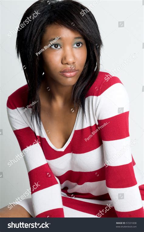 Beautiful Young Black Woman In Striped Sweater Stock Photo 57231838