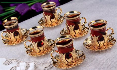 Turkish Tea Set Of Copper Holder Glass Cups Ottoman Tulips Gold