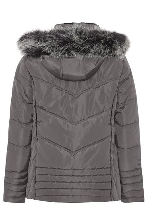 Grey Pu Trim Panelled Puffer Jacket Yours Clothing