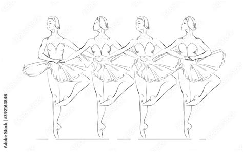 Vector Illustration Of Four Ballerinas Swan Lake Ballet Freehand