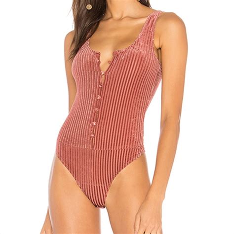 2018 Sexy Chest Button Velvet Bodysuit Women Wide Spaghetti Strap