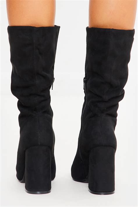 black faux suede ruched calf heeled boots in the style