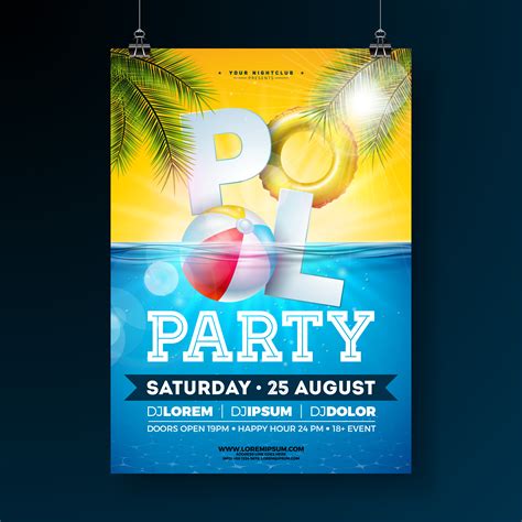 Summer Pool Party Poster Design Template With Palm Leaves Water Beach