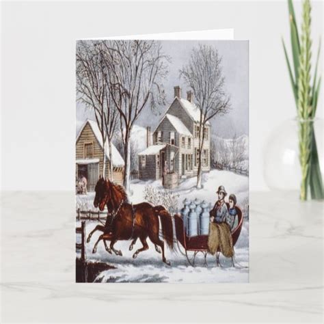 Vintage Currier And Ives Horse Drawn Sleigh Winter Holiday Card