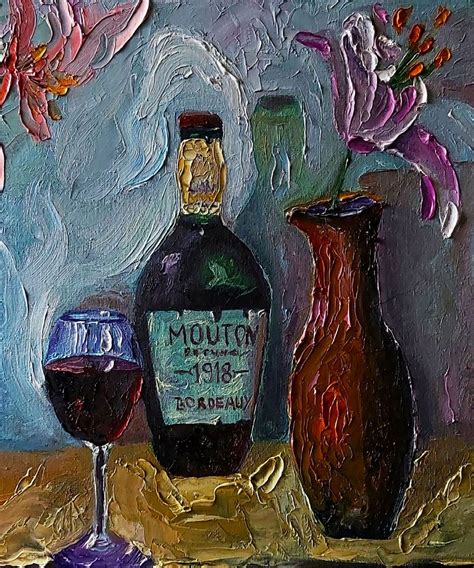 A Painting Of Two Vases And A Bottle Of Wine On A Table With Flowers