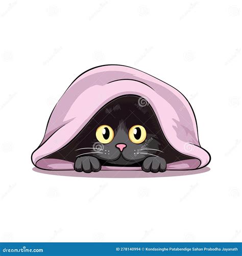 Scared Cat Hiding Under Blanket Flat Vector Illustration With Scared