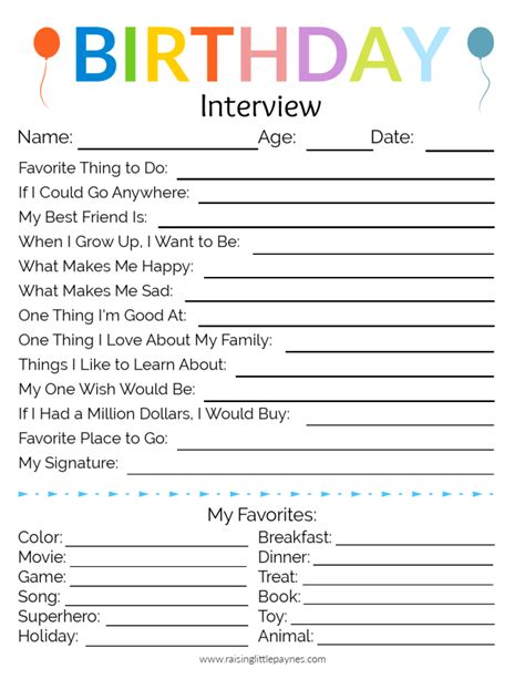 Printable Birthday Interview Printable Words Worksheets