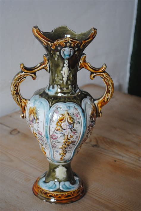 Antique Majolica Vase Hand Painted Floral Art Nouveau Deco Vase Two