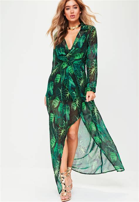 Lyst Missguided Green Long Sleeve Wrap Print Maxi Dress In Green