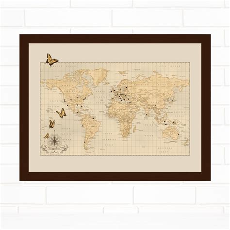 Personalized World Push Pin Travel Map With Butterflies Pushpin