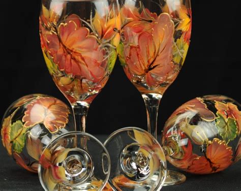Set Of Four Hand Painted Original Style Size Wine Glasses Colorful Fall Leaves Etsy