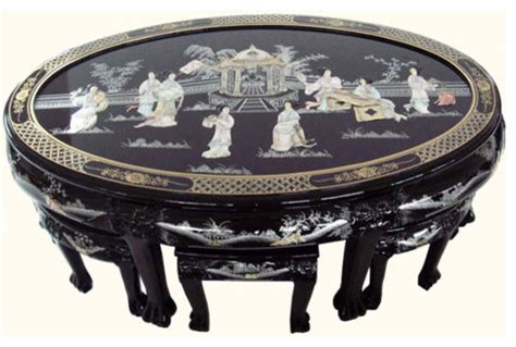 48 Shiny Black Lacquer Oriental Coffee Table Inlaid Pearl With Six