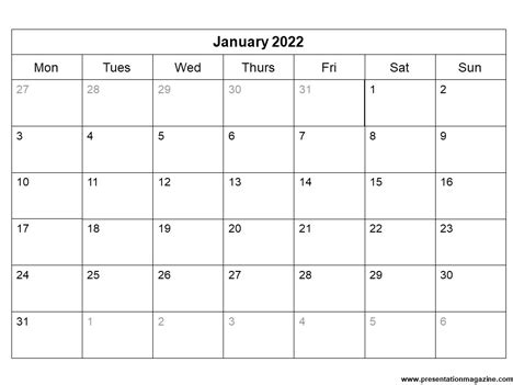 Printable blank monthly calendar template for 2021 with large squares in landscape layout. Free 2022 Monthly Calendar Template
