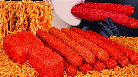 ASMR HOT CHEETOS GIANT SAUSAGE SPICY SPAM CHEESE FIRE NOODLES COOKING