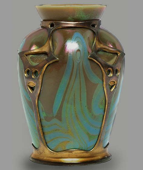 Loetz Vase Glass With A Pulled Design In Blue Applied Metal Overlay In Art Nouveau Glass Art